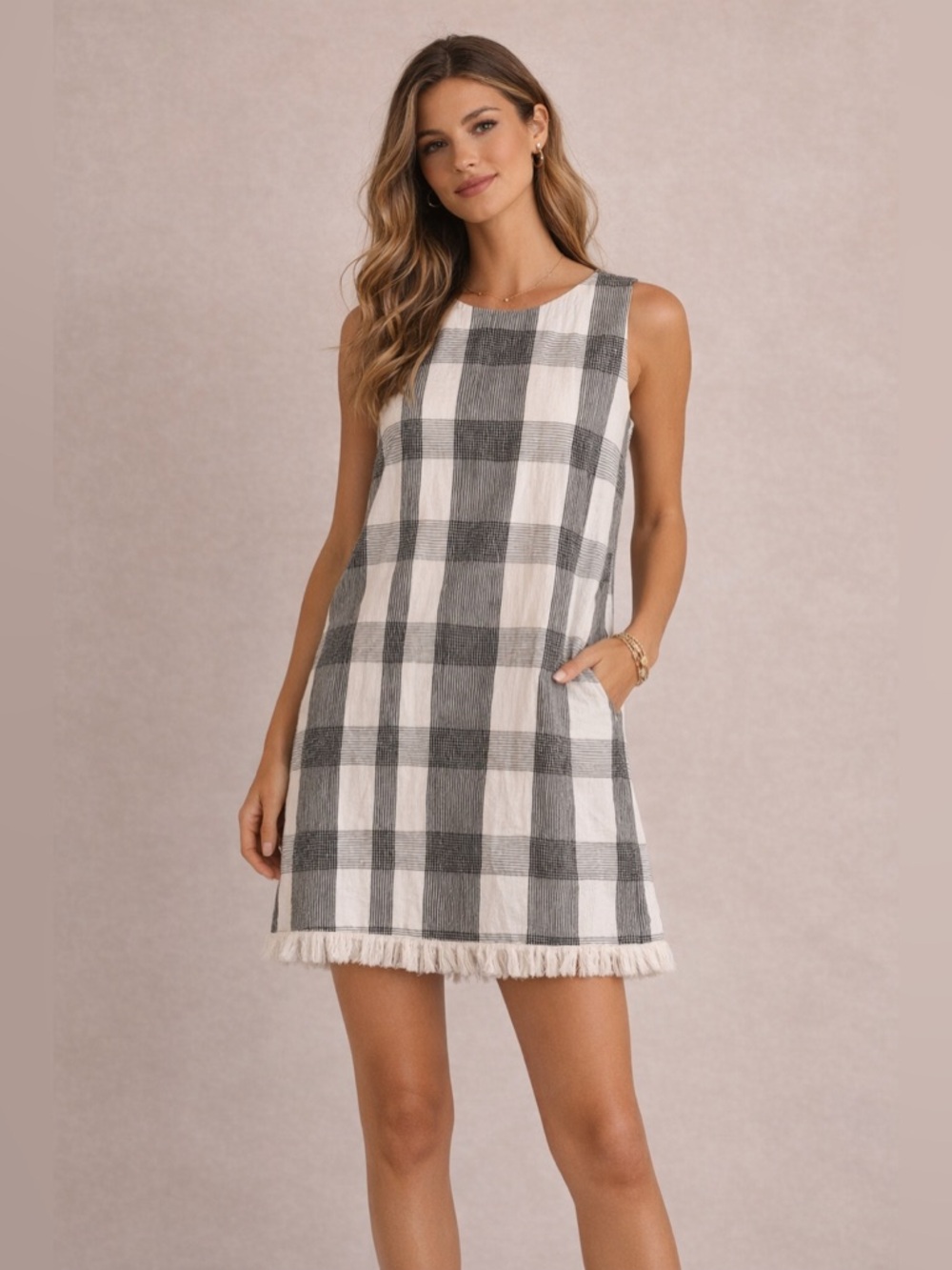 Sam & Jess Plaid Shift Dress Fringe Hem Sleeveless Size M